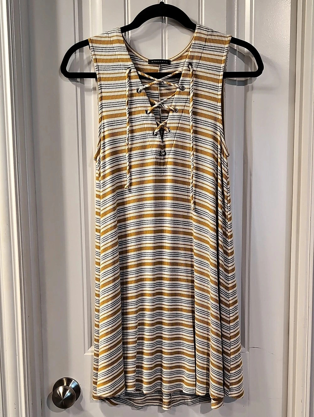 Staccato Striped Lace-Up Mini Dress in Yellow & White Size Medium